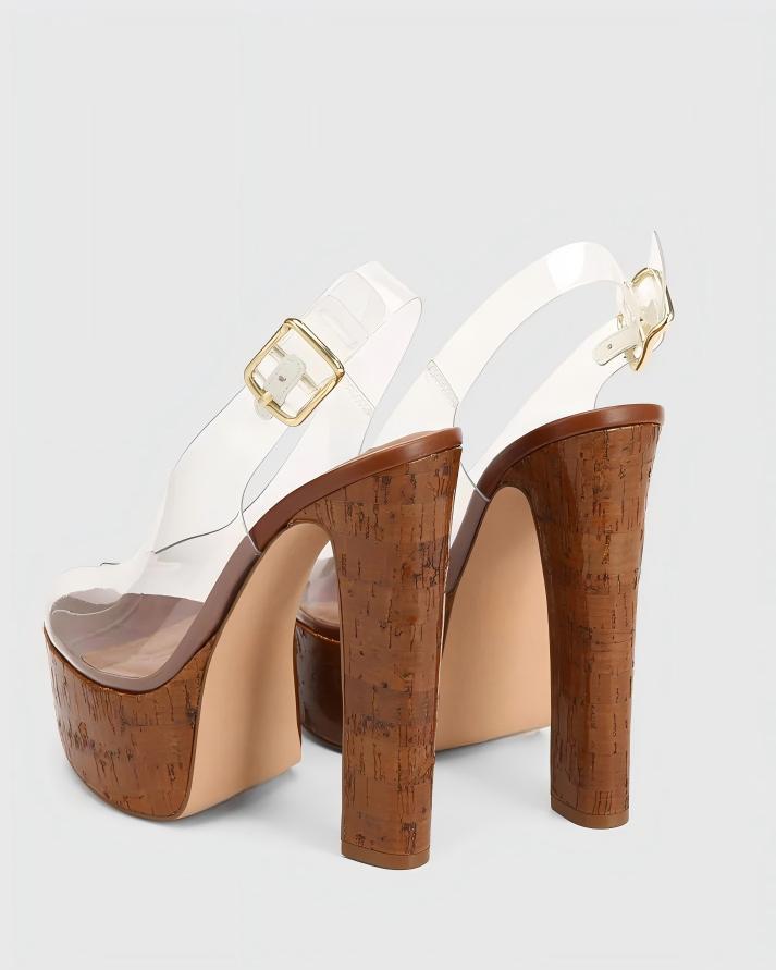 Cork Heel Peep-Toe Slingback Sandals