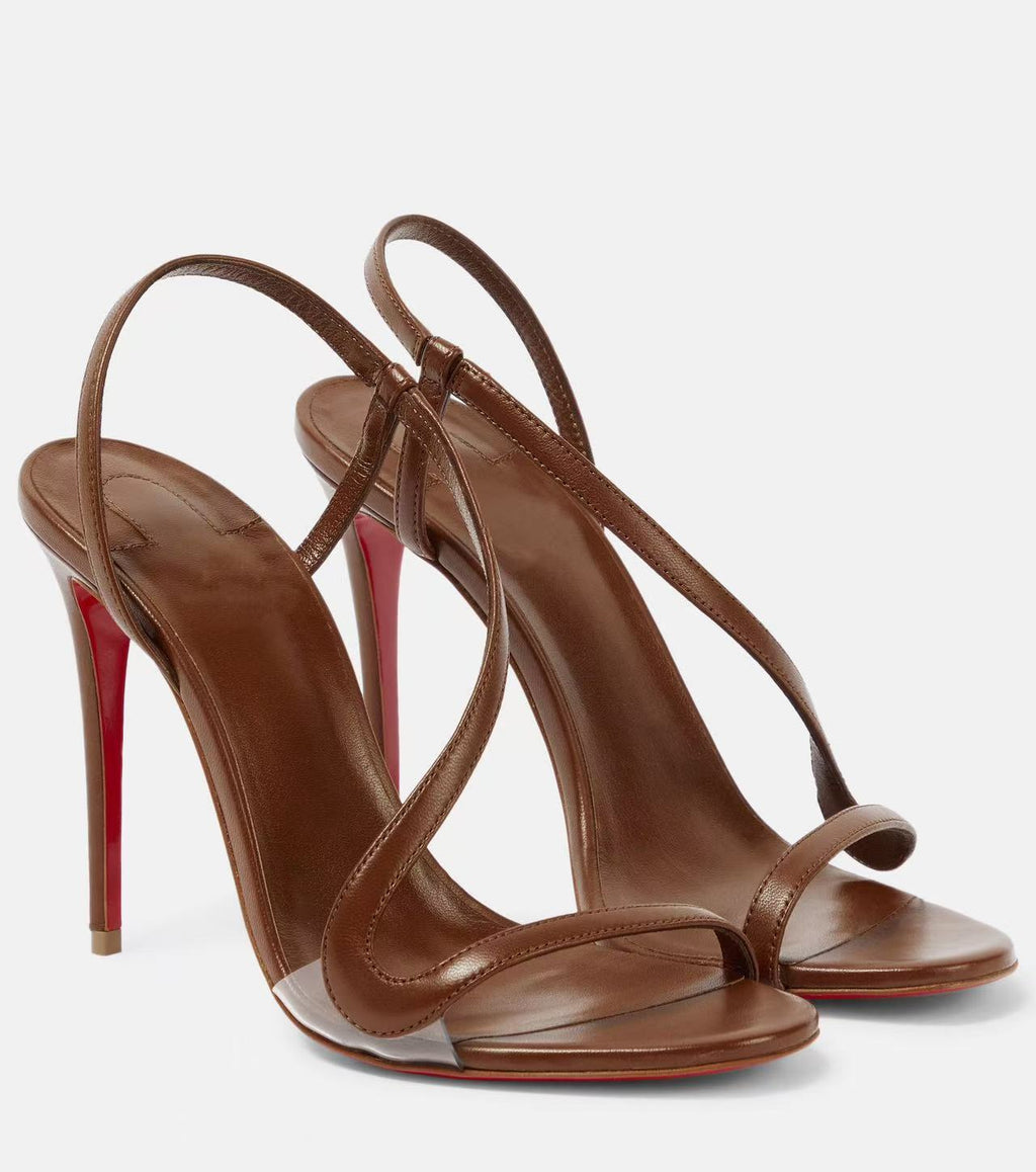 Brown Leather Strappy Stiletto Sandals with Red Sole