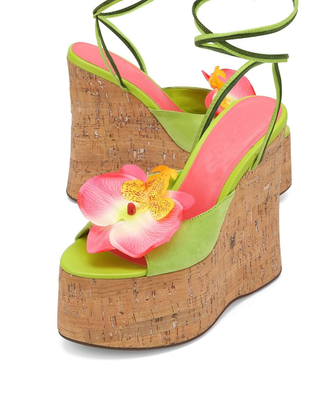Green & Pink Floral Applique Cork Platform Wedge Sandals with Beaded Ankle Wrap