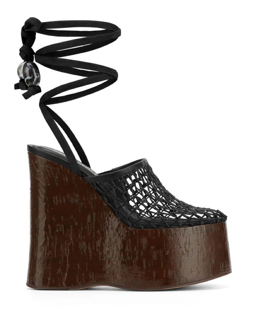Woven Mesh Platform Wedge Sandals with Cork Heel & Beaded Ankle Wrap