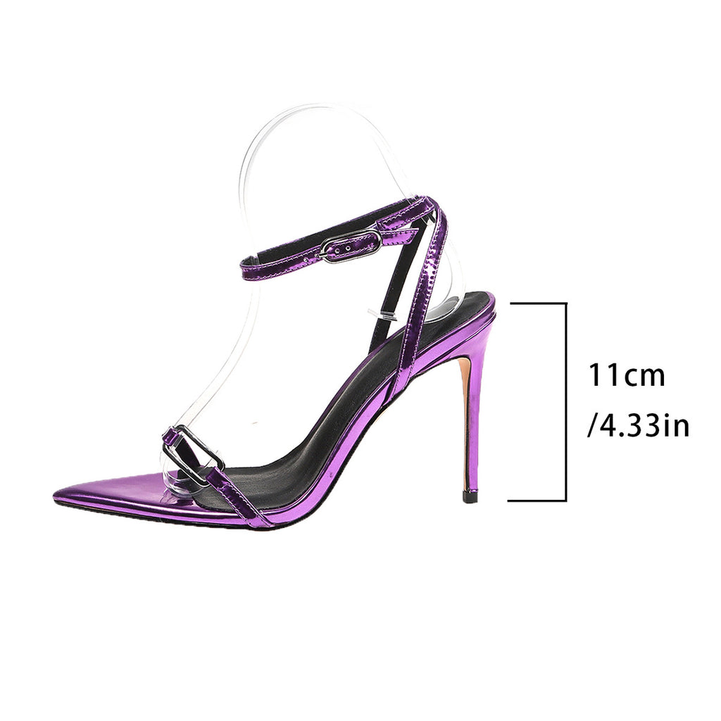Metallic Purple Pointed-Toe Stiletto Sandals with Ankle Straps