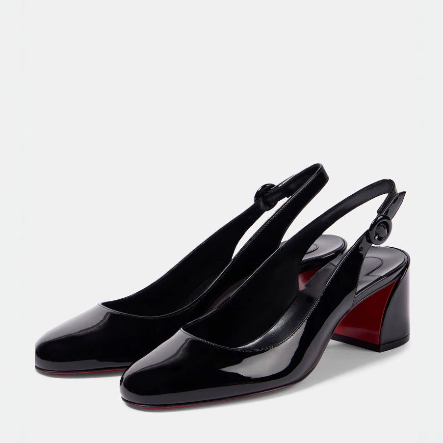 Patent Leather Slingback Block Heel Pumps with Red Sole