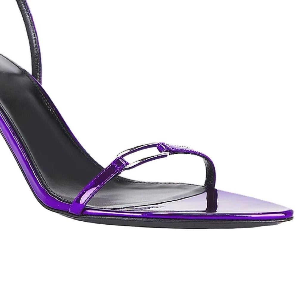 Metallic Purple Pointed-Toe Stiletto Sandals with Ankle Straps