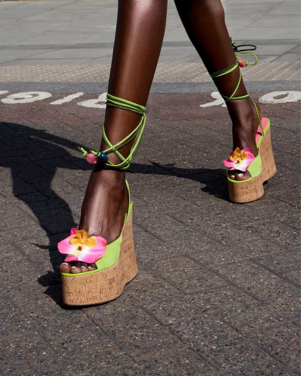 Green & Pink Floral Applique Cork Platform Wedge Sandals with Beaded Ankle Wrap