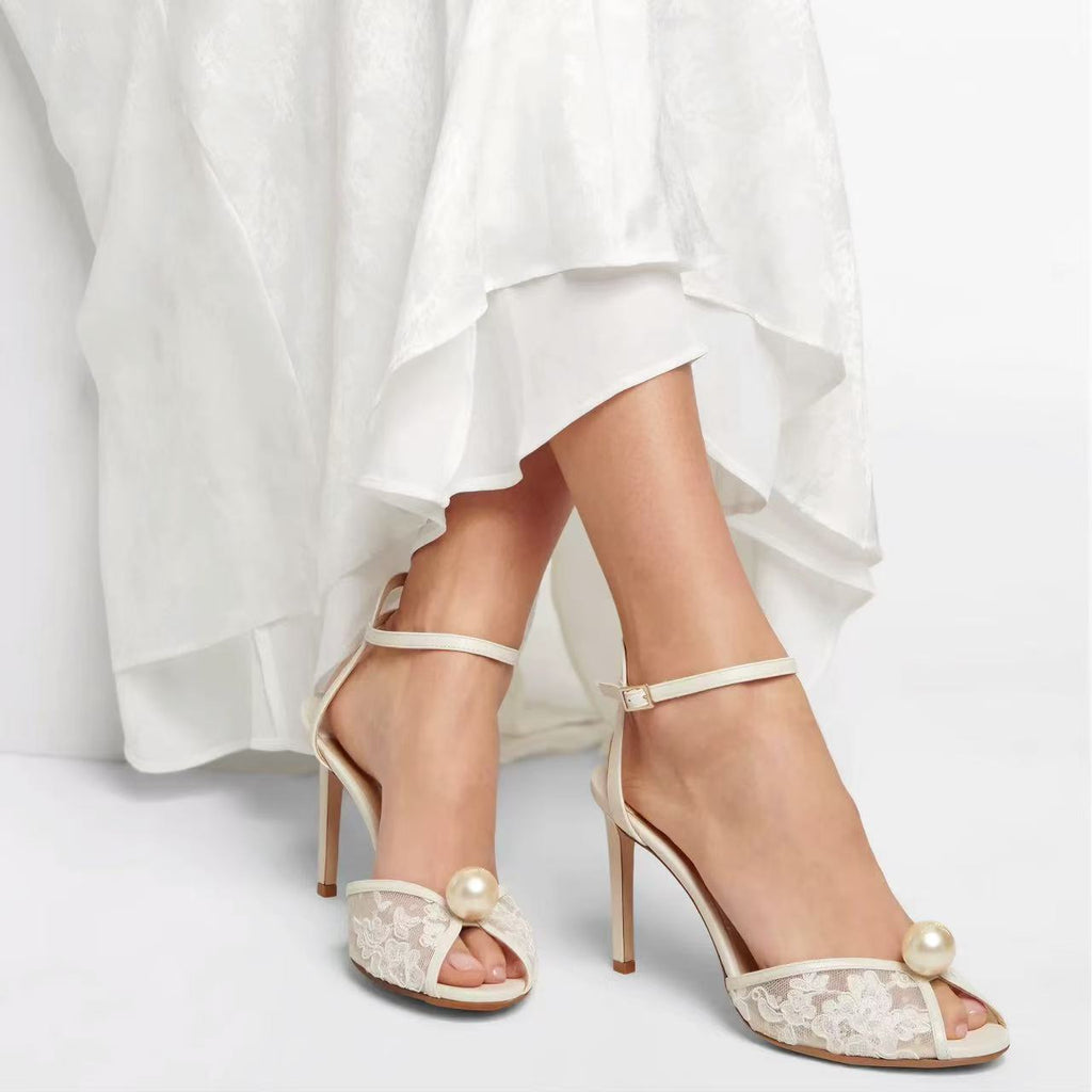 Ivory Lace Peep-toe Bridal Sandals with Pearl Detail & Ankle Strap