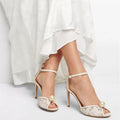 Ivory Lace Peep-toe Bridal Sandals with Pearl Detail & Ankle Strap