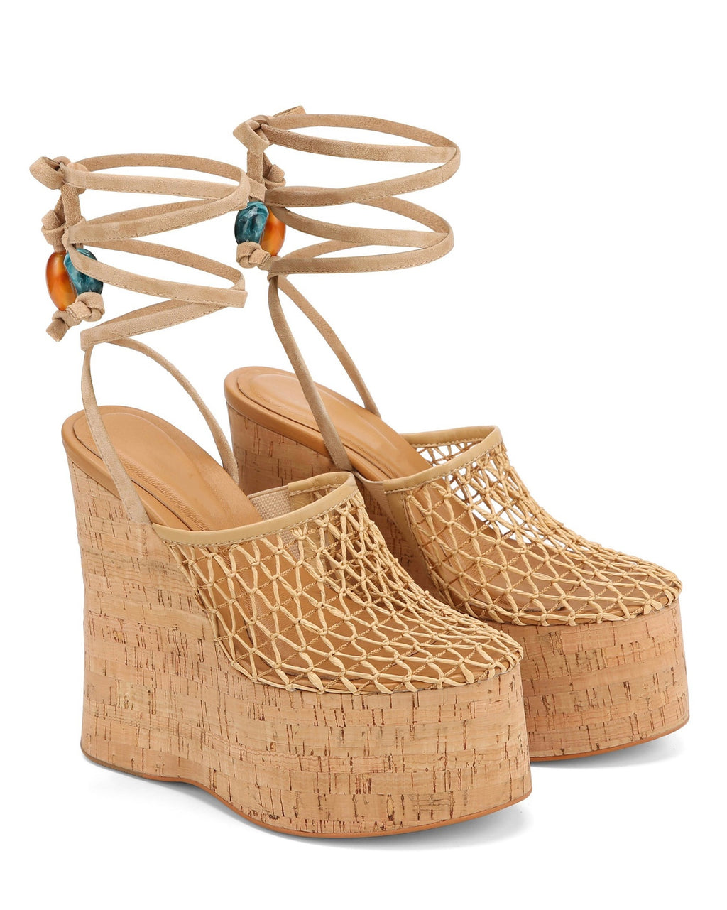 Woven Mesh Platform Wedge Sandals with Cork Heel & Beaded Ankle Wrap