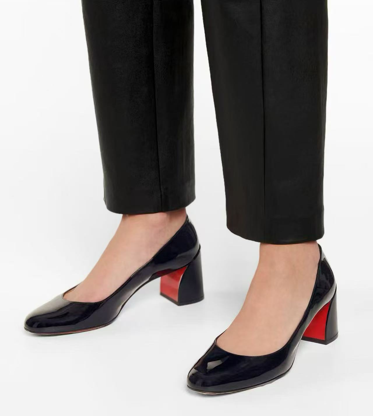Black Patent Leather Block Heel Pumps with Red Sole