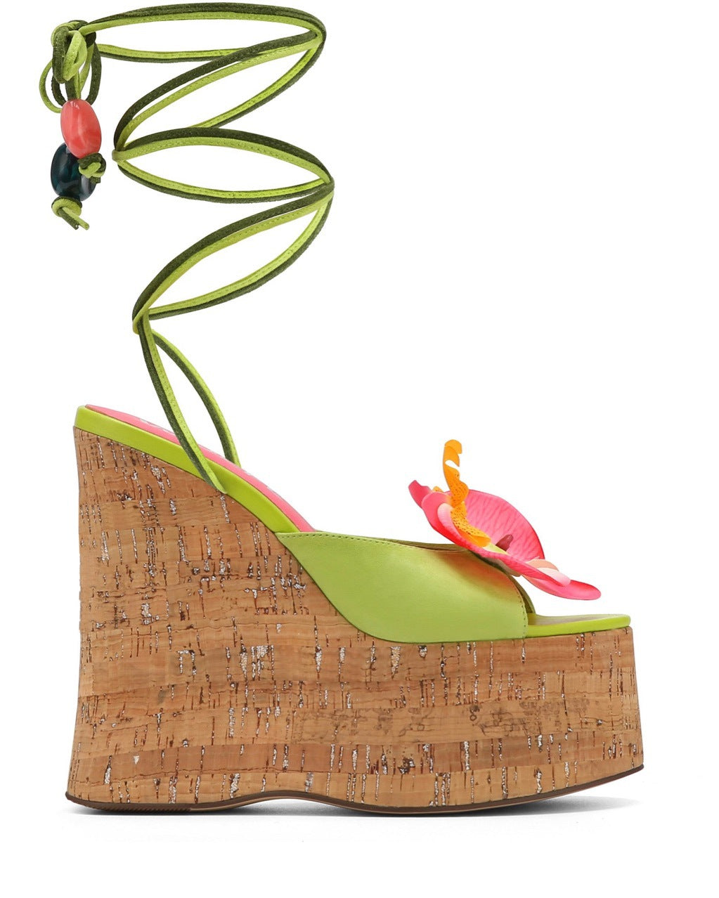 Green & Pink Floral Applique Cork Platform Wedge Sandals with Beaded Ankle Wrap