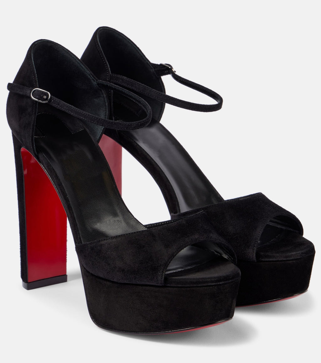 Black Suede Platform Block Heel Sandals with Red Sole