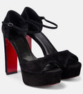 Black Suede Platform Block Heel Sandals with Red Sole