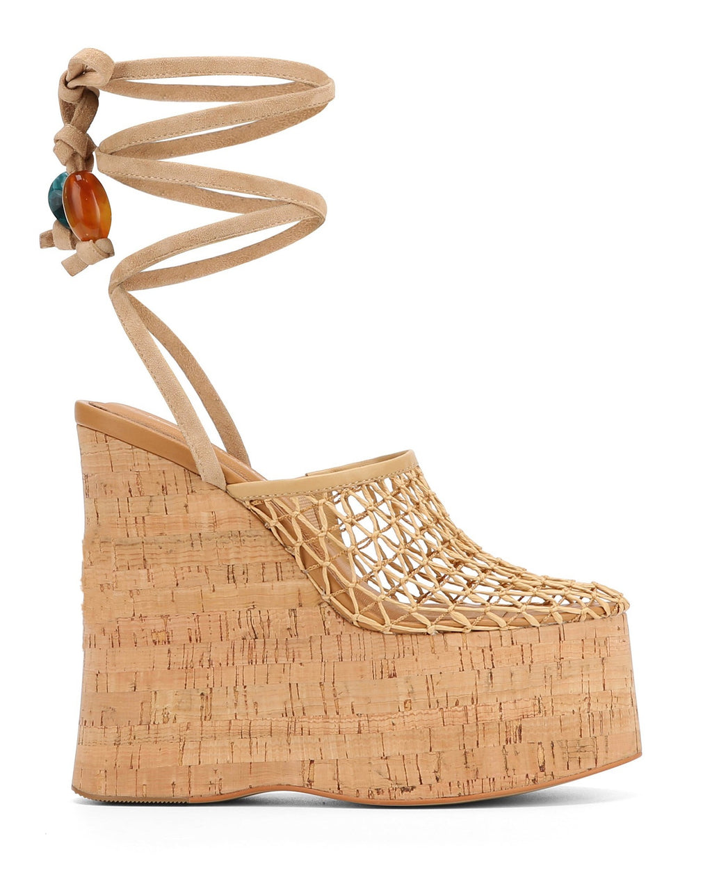 Woven Mesh Platform Wedge Sandals with Cork Heel & Beaded Ankle Wrap
