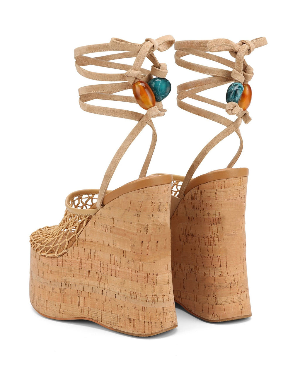 Woven Mesh Platform Wedge Sandals with Cork Heel & Beaded Ankle Wrap