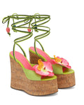 Green & Pink Floral Applique Cork Platform Wedge Sandals with Beaded Ankle Wrap