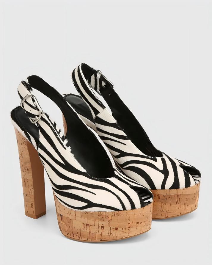 Cork Heel Peep-Toe Slingback Sandals