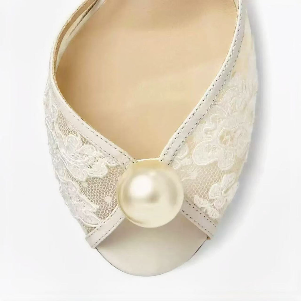 Ivory Lace Peep-toe Bridal Sandals with Pearl Detail & Ankle Strap