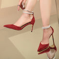 Red Suede Pointed-Toe Stiletto Pumps with Pearl Ankle Chains & Transparent Straps