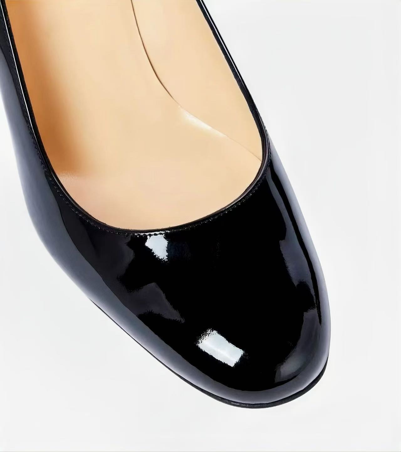 Black Patent Leather Block Heel Pumps with Red Sole