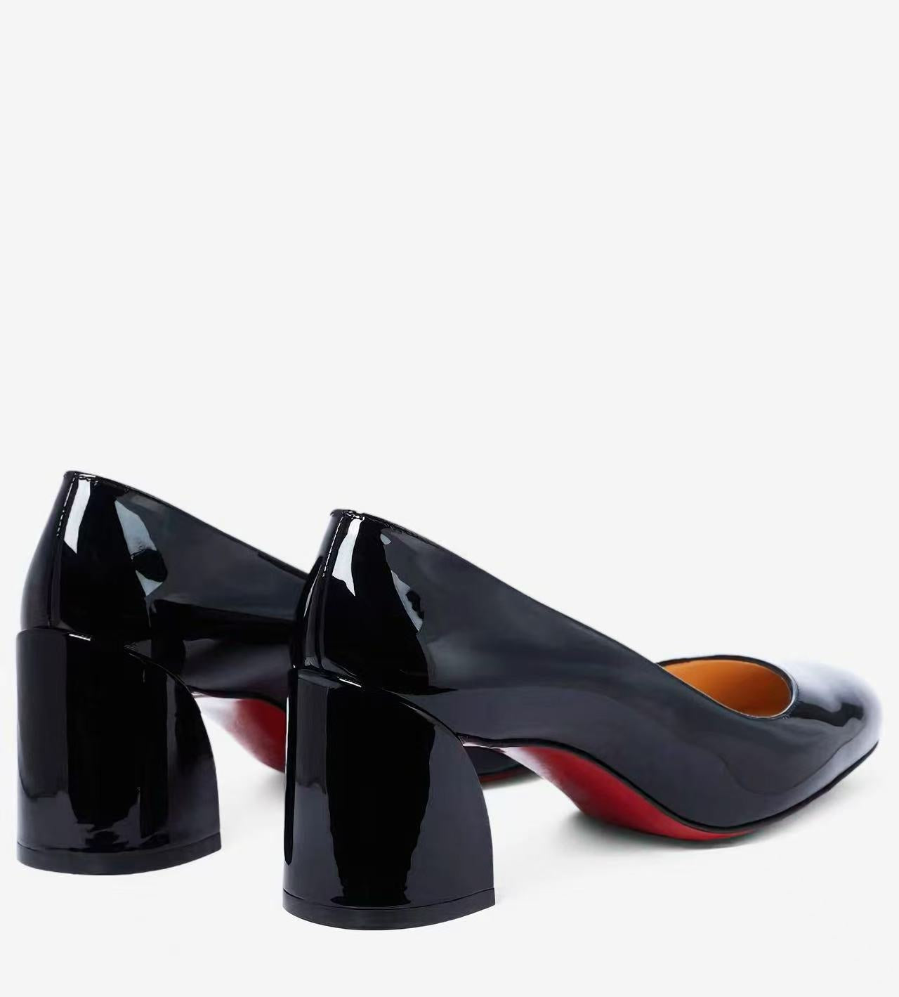 Black Patent Leather Block Heel Pumps with Red Sole