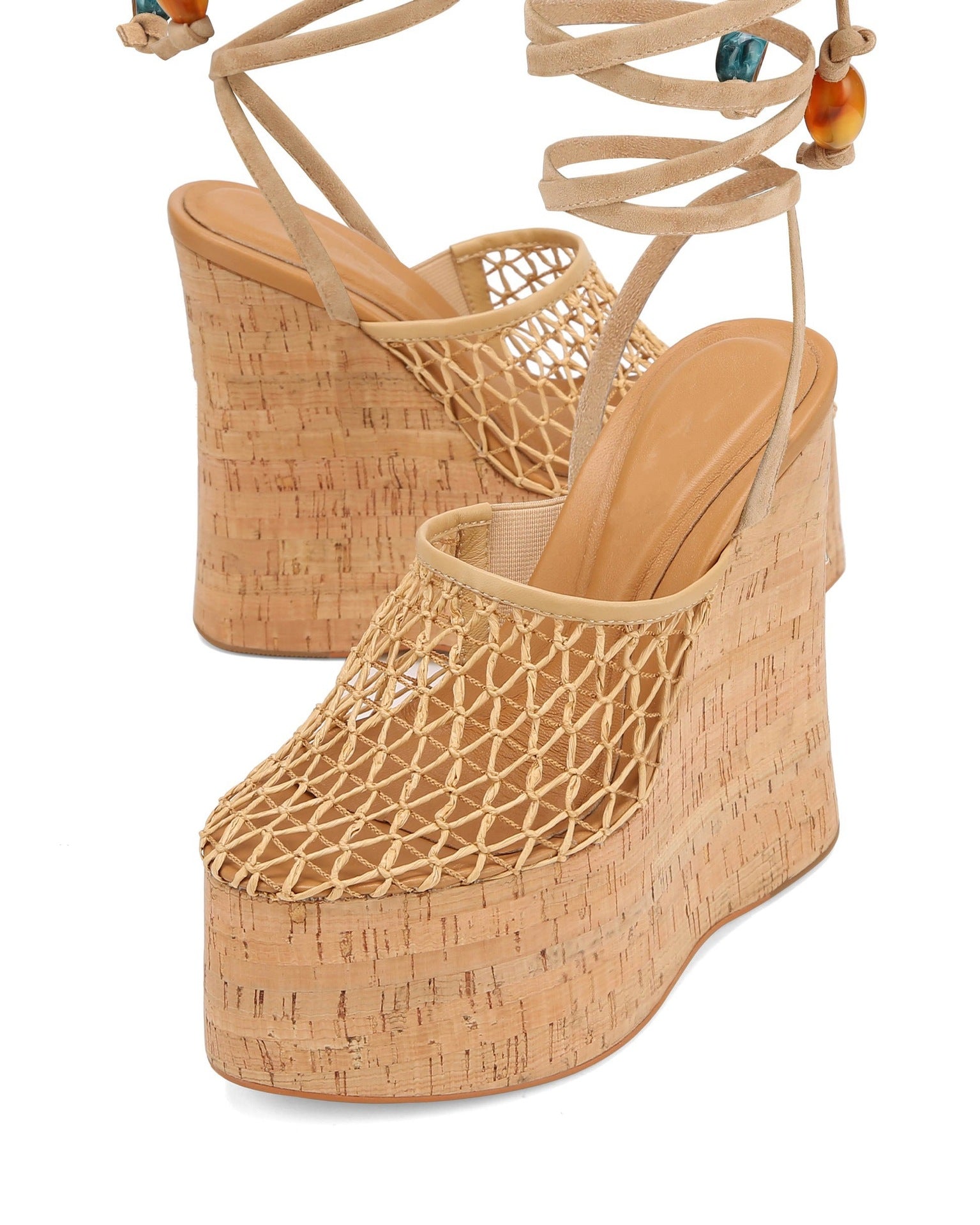 Woven Mesh Platform Wedge Sandals with Cork Heel & Beaded Ankle Wrap