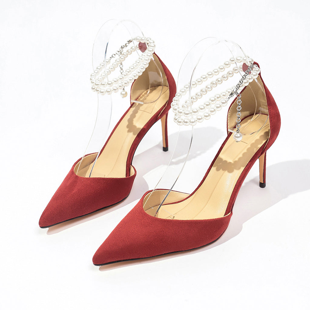 Red Suede Pointed-Toe Stiletto Pumps with Pearl Ankle Chains & Transparent Straps