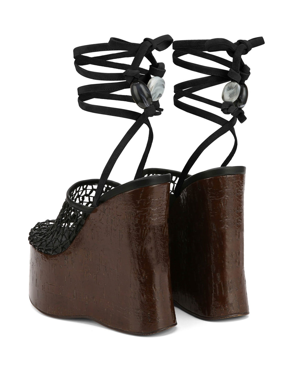 Woven Mesh Platform Wedge Sandals with Cork Heel & Beaded Ankle Wrap
