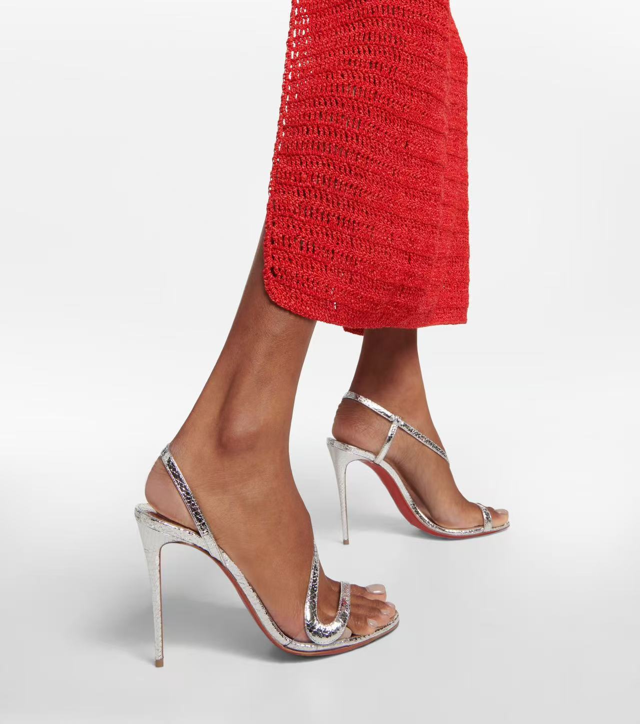 Brown Leather Strappy Stiletto Sandals with Red Sole