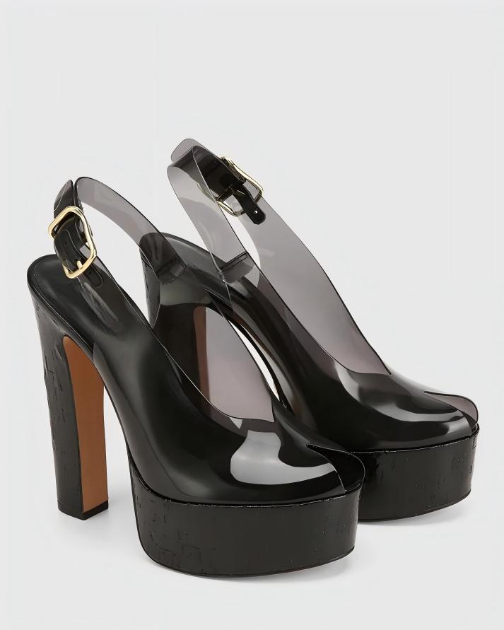 Cork Heel Peep-Toe Slingback Sandals