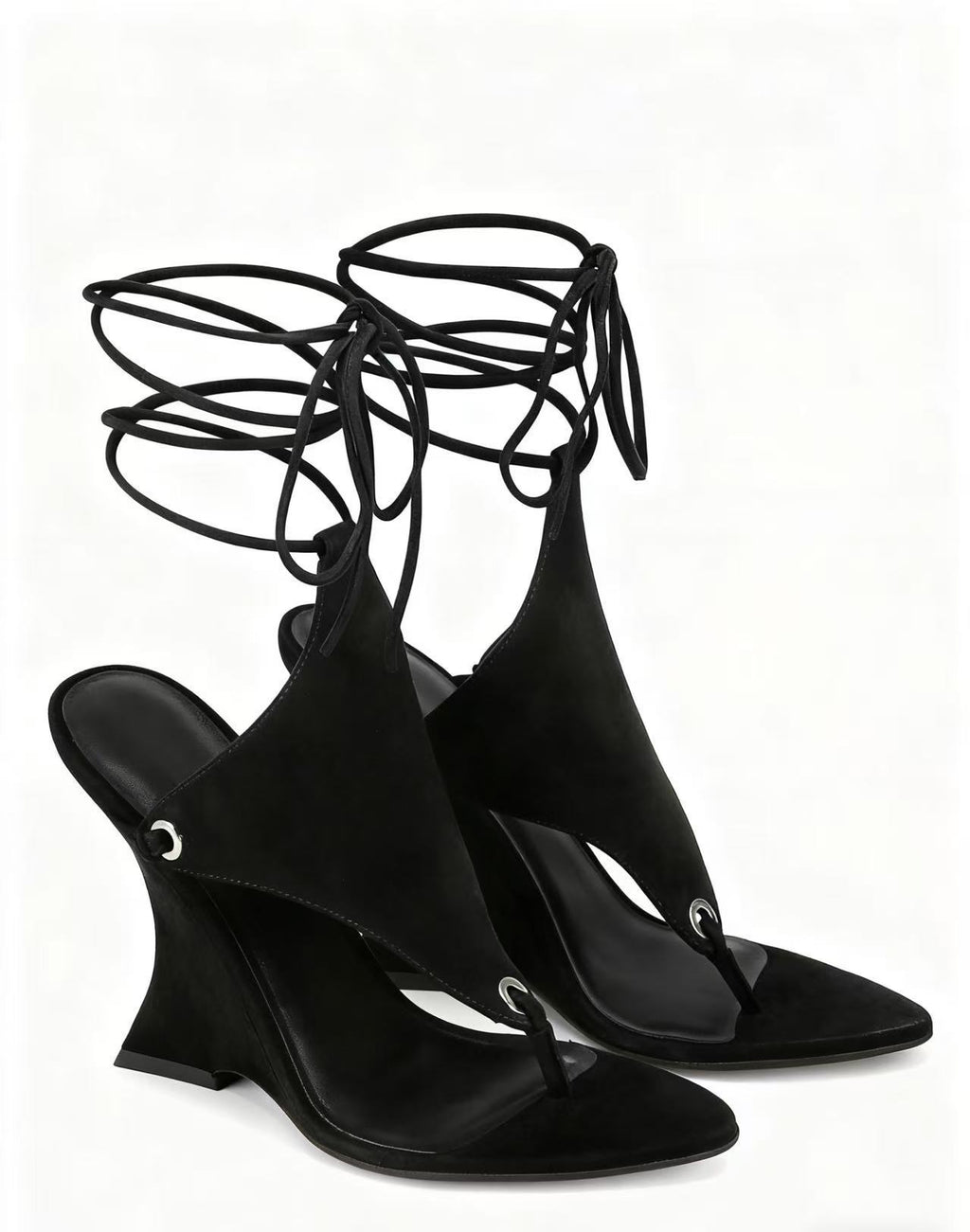 Sculptural Wedge Thong Sandals with Ankle Wrap