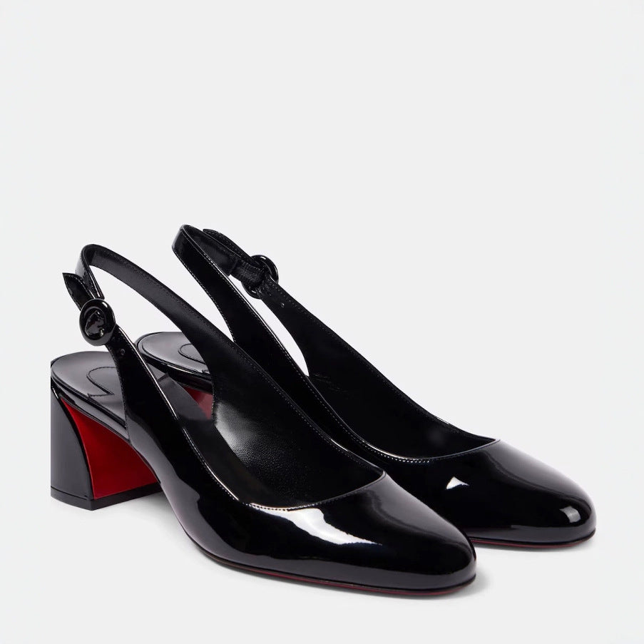 Patent Leather Slingback Block Heel Pumps with Red Sole
