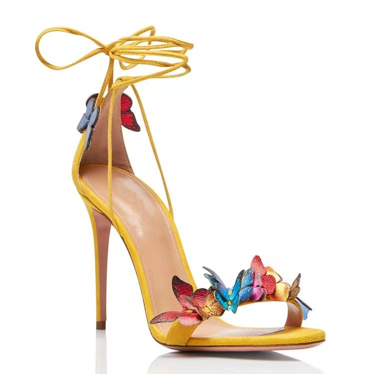 Butterfly Embellished Lace-Up Stiletto Sandals