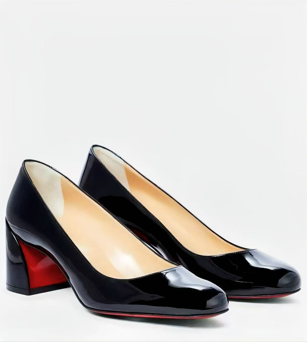 Black Patent Leather Block Heel Pumps with Red Sole