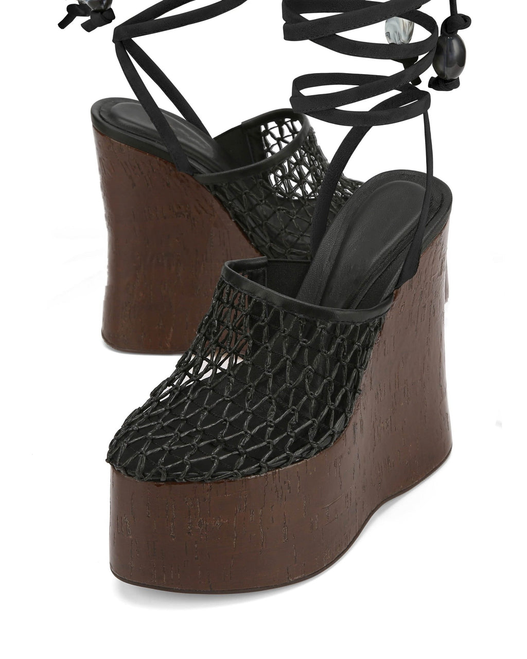 Woven Mesh Platform Wedge Sandals with Cork Heel & Beaded Ankle Wrap