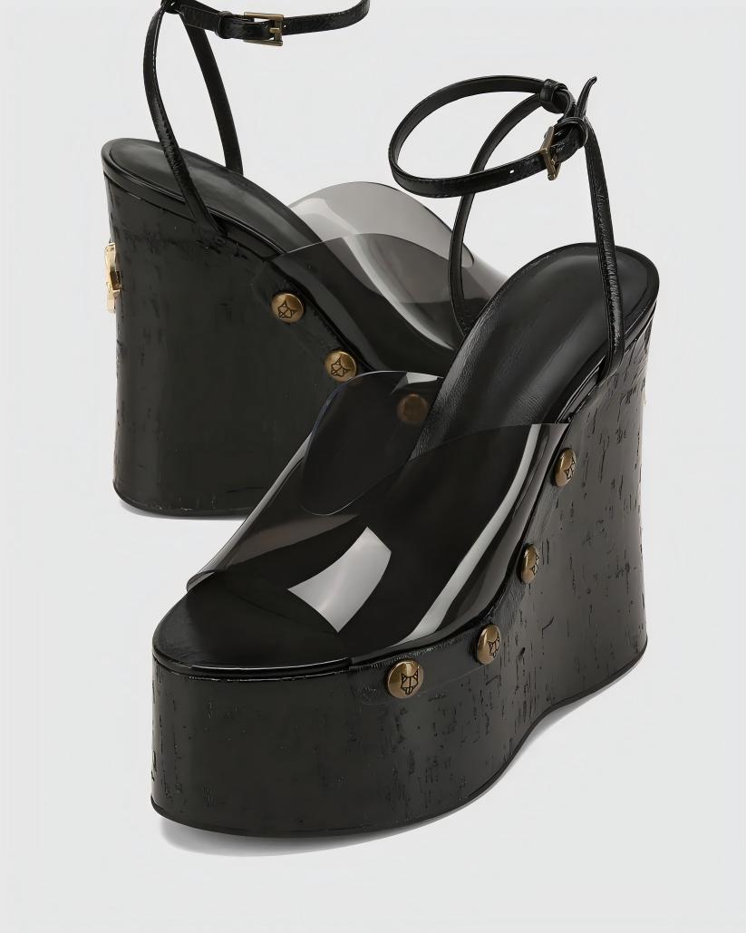 Black Patent Platform Wedge Sandals with Clear Strap & Ankle Buckle
